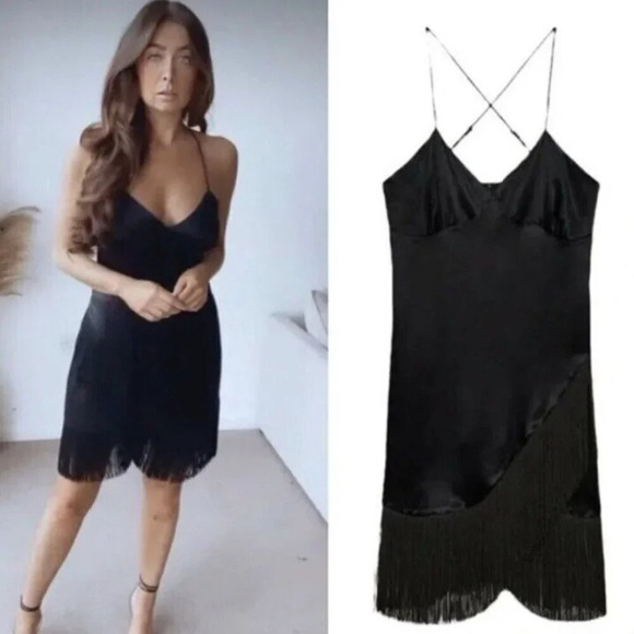 Zara Fringed Slip Mini Dress Black Size XS - Picture 11 of 11